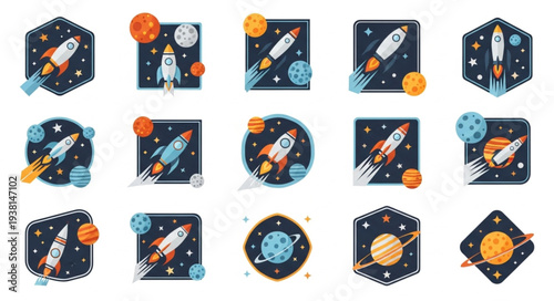 Collection of cartoon rockets and planets in space.
