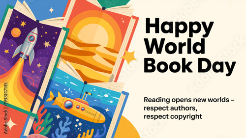 Vibrant world book day illustration of open books with rocket submarine and sun