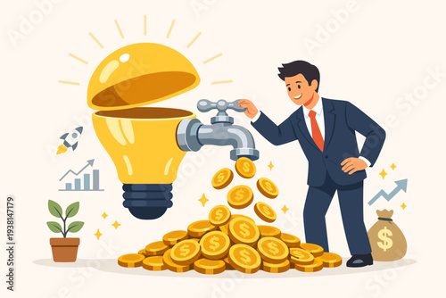 Successful businessman turning a faucet on a glowing light bulb to pour out gold coins. Concept of monetizing ideas, business creativity, financial growth, wealth generation, and innovation profit.
