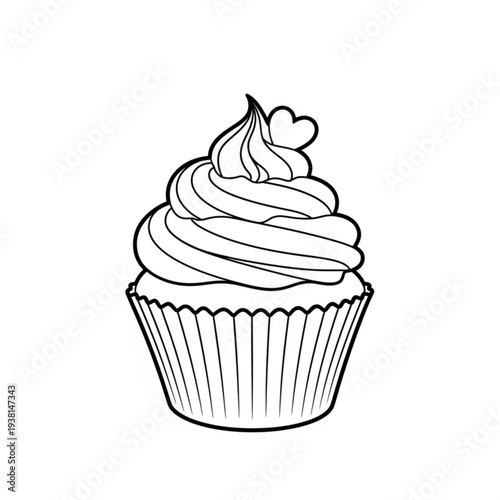 A black and white line art illustration of a cupcake with swirled frosting and a heart on top