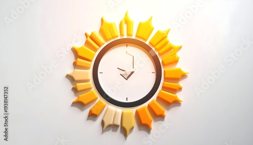 Stylized clock with sun-ray-like edging, showing an approximate time, casting shadows on a white surface
