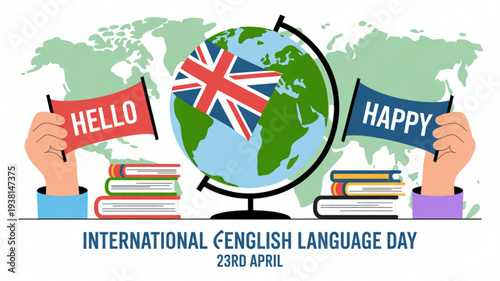 International english language day illustration with globe and books on april 23rd