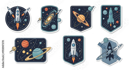 Collection of Space Exploration Patches with Rockets and Planets.