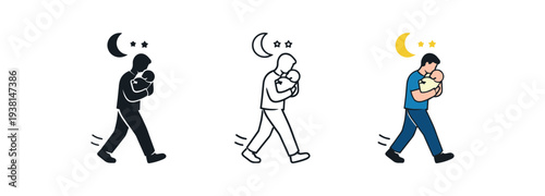 father night care icon on light background. father walking with newborn at night to calm baby. shared parenting symbol. movement clearly readable