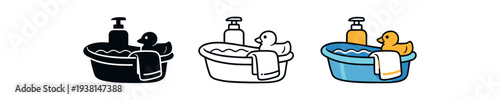 newborn bath preparation icon on light background. small baby tub and towel prepared for washing. first hygiene routine symbol. objects clearly readable