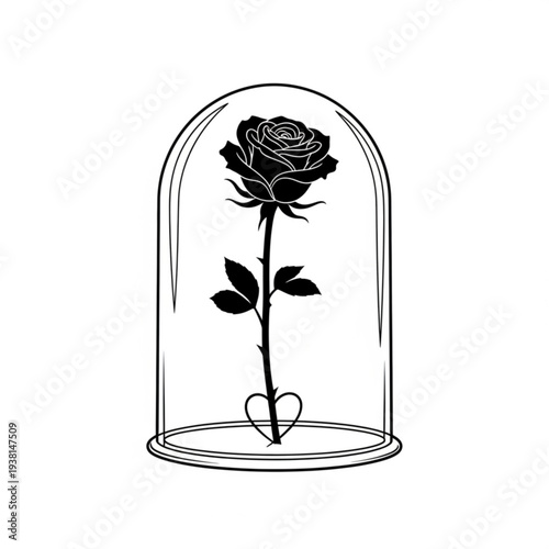 A black and white vector illustration of a rose under a glass dome, symbolizing beauty and fragility