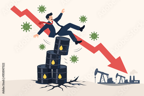 Oil and energy price crash concept with businessman falling from stack of oil barrels due to coronavirus COVID-19 pandemic crisis, financial market instability and global economic recession.