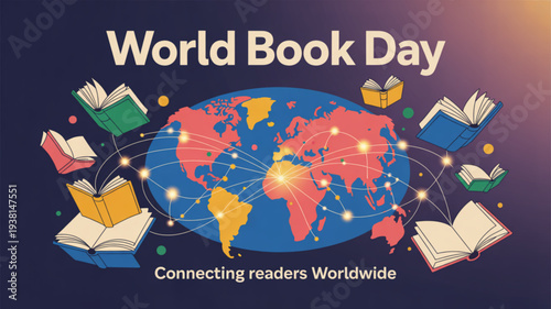 World book day celebration with floating books around a globe on a dark background