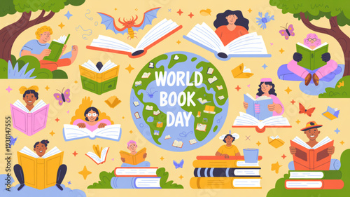 World book day celebration with diverse people reading books outdoors in a park