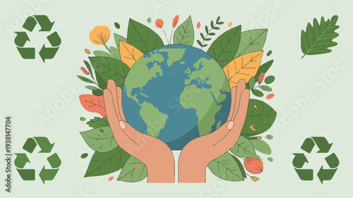 Hands holding earth surrounded by leaves and recycling symbols eco friendly concept environmental protection green background sustainability illustration