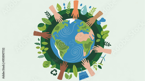 Diverse hands holding earth surrounded by greenery and eco symbols in circular harmony