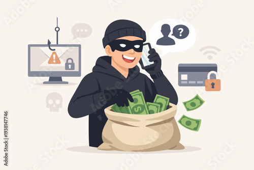 Cybercrime Concept Illustration of a Hacker or Thief Committing a Phone Scam and Phishing Fraud to Steal Money from a Bank Account, Online Security Breach and Identity Theft Vector Graphic.