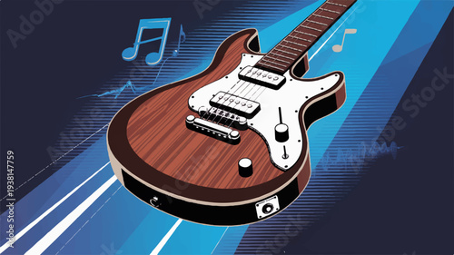 Electric guitar with music notes on dark blue background with white and light blue accents