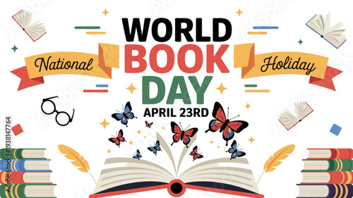 World book day celebration on april 23rd with books butterflies and reading glasses