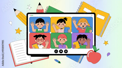 Children in colorful video call on computer with school supplies around online learning concept with kids waving