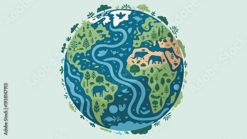 Illustration of earth with rivers and green landscapes on a light blue background symbolizing nature and environment