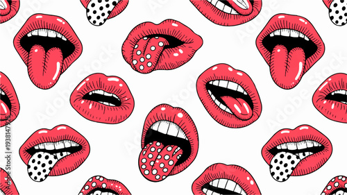 Vibrant red lips with tongues out in various playful expressions on white background colorful pattern