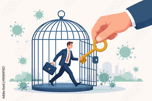 Reopening the economy after coronavirus lockdown concept with a businessman leaving a cage opened by a golden key, symbolizing the restart of business operations and freedom from quarantine.