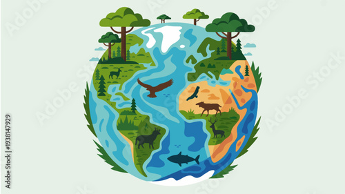 Vibrant earth globe with lush landscapes and diverse wildlife in natural habitat embodying environmental conservation and sustainability concepts