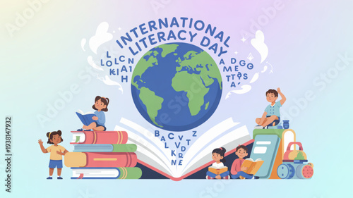 Children celebrating international literacy day with books and globe