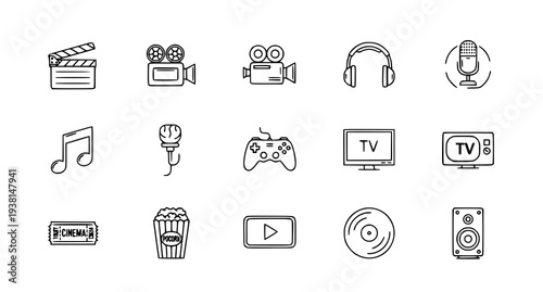 A set of vector icons representing various media and entertainment symbols