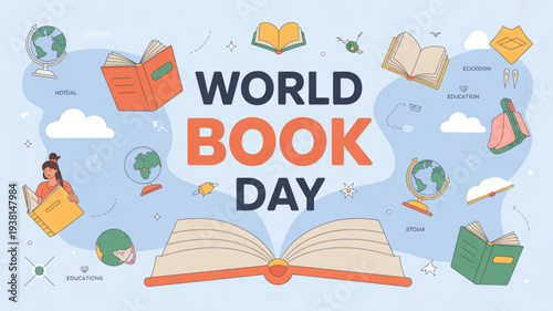World book day celebration with colorful illustrations of books and globes on light blue background