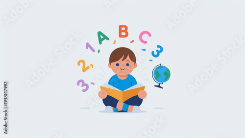 A young boy sits cross legged reading a book with floating letters and numbers around him and a small globe beside him on a plain background