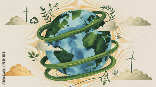 Earth wrapped in green vines with wind turbines and clouds symbolizing eco friendly sustainable energy and environmental conservation efforts globally