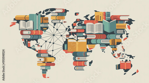 Global education concept with world map made of colorful books and learning materials on beige background