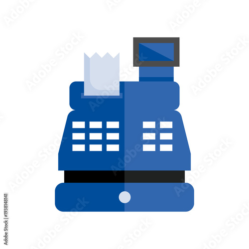 Blue Cash Register Icon for Retail Store Checkout, Vector Flat Illustration of Cashier Machine with Receipt for Business Transactions, Finance, Shopping, Sales and Payment Accounting. Vector EPS 10.