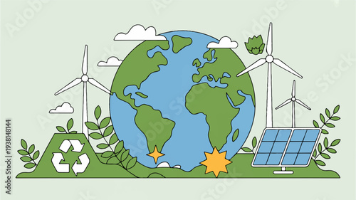 Earth with renewable energy sources and eco friendly symbols on green background