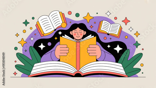 Woman reading a large yellow book surrounded by floating books and colorful stars and leaves on a purple background