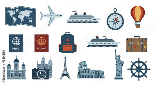 A Collection of Travel Icons Depicting Destinations and Modes of Transport Around the Globe