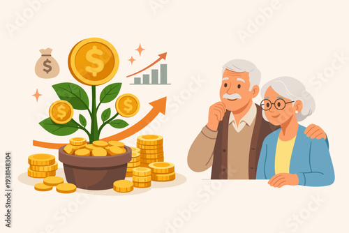 Happy Senior Couple Planning Retirement with Money Tree Investment and Pension Fund Growth, Elderly Man and Woman Investing in Savings for Future Wealth, 401k Financial Success Concept Vector