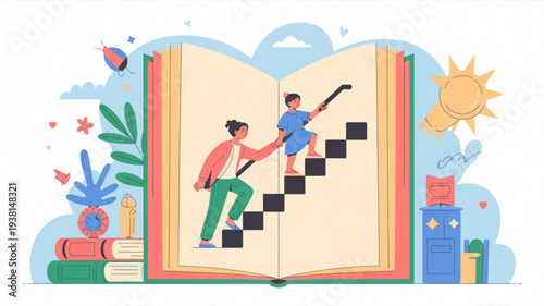 Two people climbing steps from an open book with educational and inspirational elements around