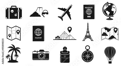 A monochromatic collection of travel-related icons representing journeys and exploration