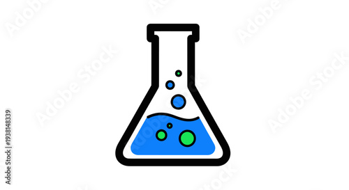 A minimalist laboratory flask illustration with blue liquid and green bubbles for science concepts