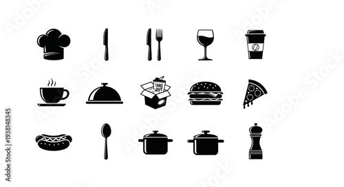 A monochromatic set of food icons: culinary elements, from drinks to pizza and much more