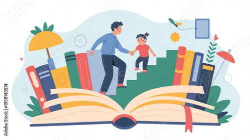 Father and daughter climbing stairs made of books into an open giant book with colorful books and plants around