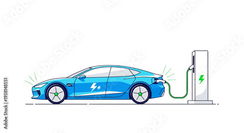 Electric car charging at a public charging station.