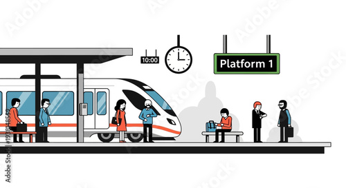 Modern train at a bustling station platform with passengers waiting.