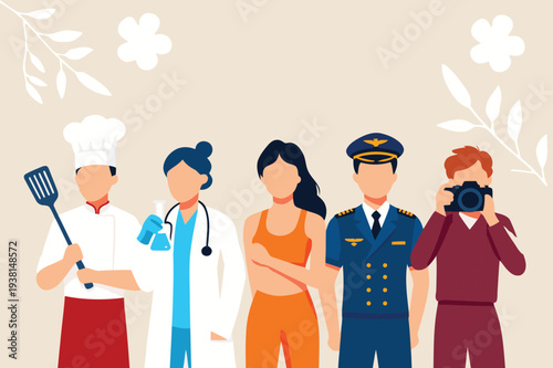 Diverse group of people representing various professions and careers standing together in a flat illustration style.