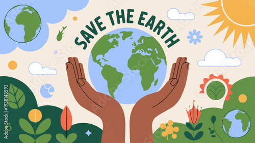 Earth protection concept with hands holding globe surrounded by eco friendly symbols and lush greenery