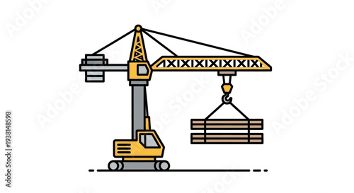 Crane lifting wooden planks in a construction site.