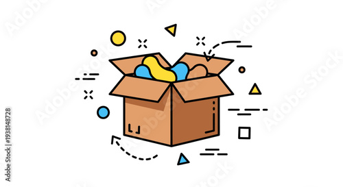 Cardboard box filled with colorful shapes and objects.
