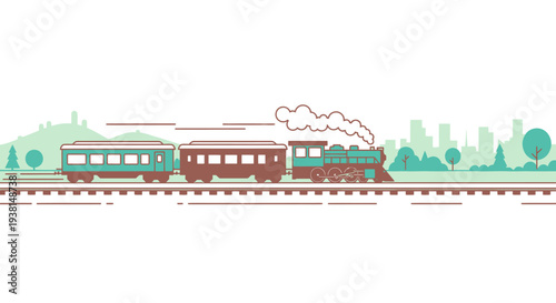 Vintage Steam Train Traveling Through Cityscape Landscape.