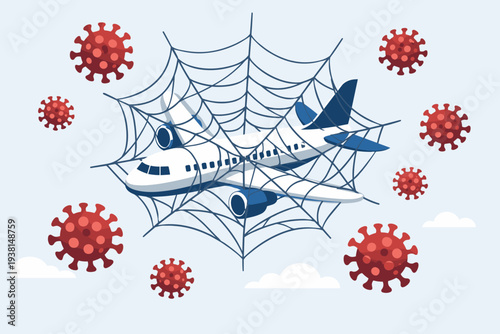 Airplane trapped in a spider web surrounded by coronavirus cells, representing the global aviation industry crisis, travel restrictions, and grounded flights during the COVID-19 pandemic impact.
