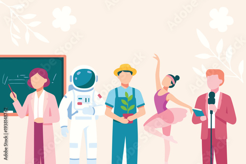 Diverse group of professionals including a teacher, astronaut, farmer, ballerina, and public speaker representing various career paths.