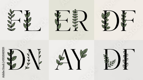 Floral typography letters decorative alphabet elegant font with leaves and branches ornate capital letters botanical design elements luxurious text beautiful floral pattern