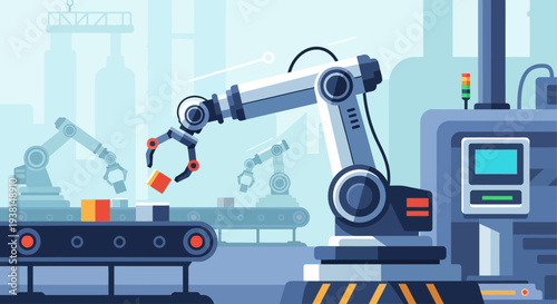 Industrial robotic arm on production line in modern factory.